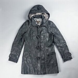 Vintage Leather Jacket | Black Leather Women's Duffle Coat with Detachable Hood